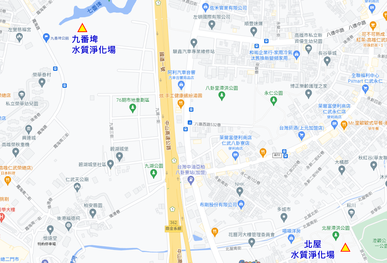 愛河上游(北屋暨九番埤排水)水質淨化現地處理工程位置圖示